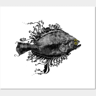 Fluke gyotaku, , stickers, decal fishing art Posters and Art